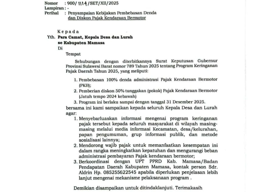 Tindaklanjuti Keputusan Gubernur, Bupati Mamasa Imbau Camat, Desa dan Lurah