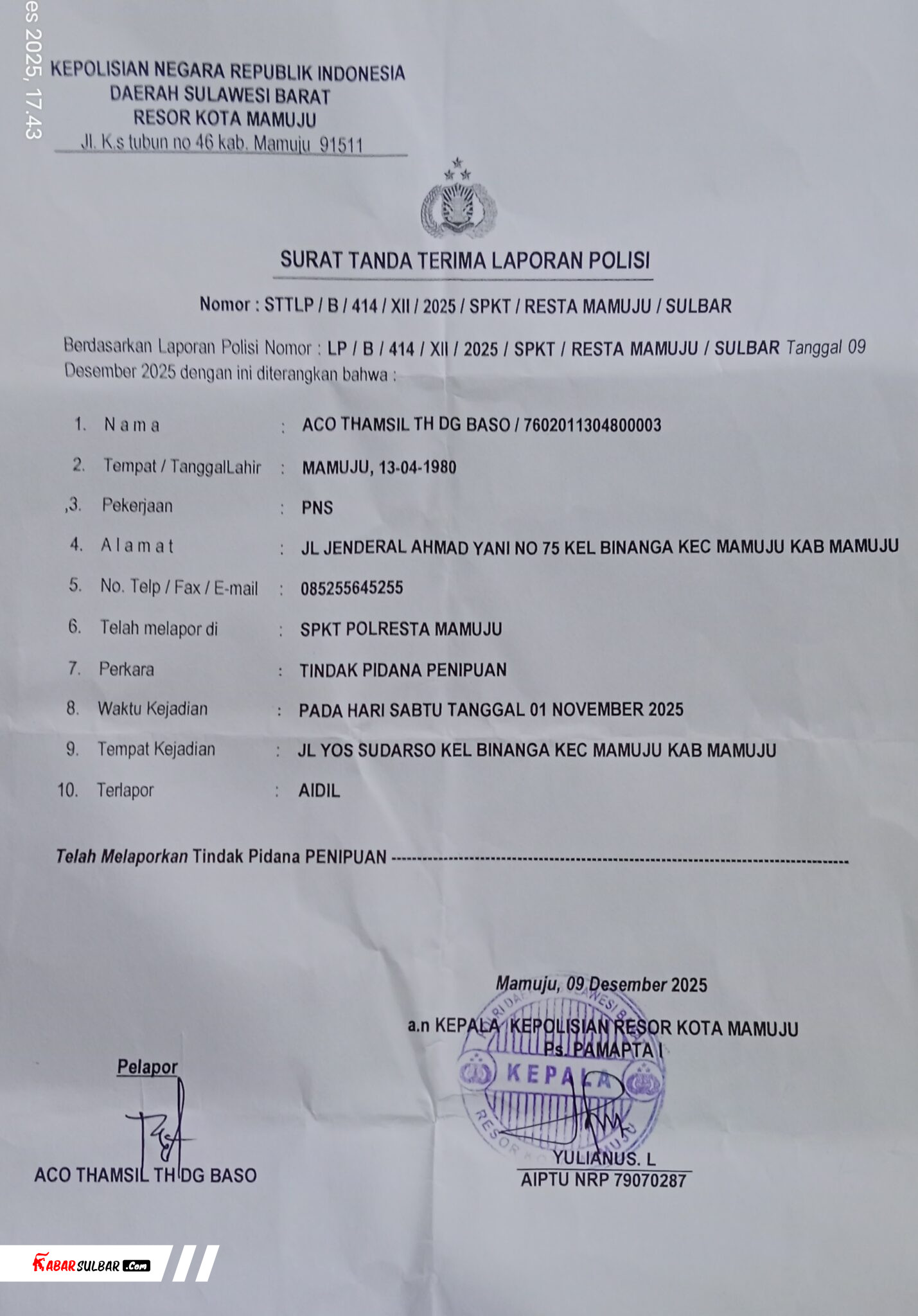 Tak Kunjung Dibayar, CEO Melapor Kepolresta Mamuju