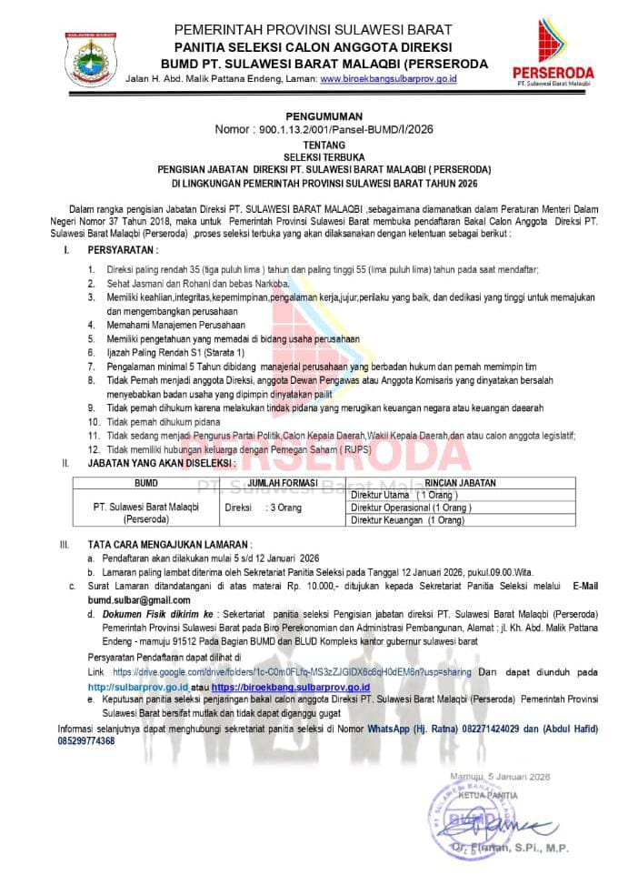 Pemprov Sulbar Buka Seleksi Terbuka Calon Anggota Direksi PT Sulawesi Barat Malaqbi (Perseroda) Tahun 2026