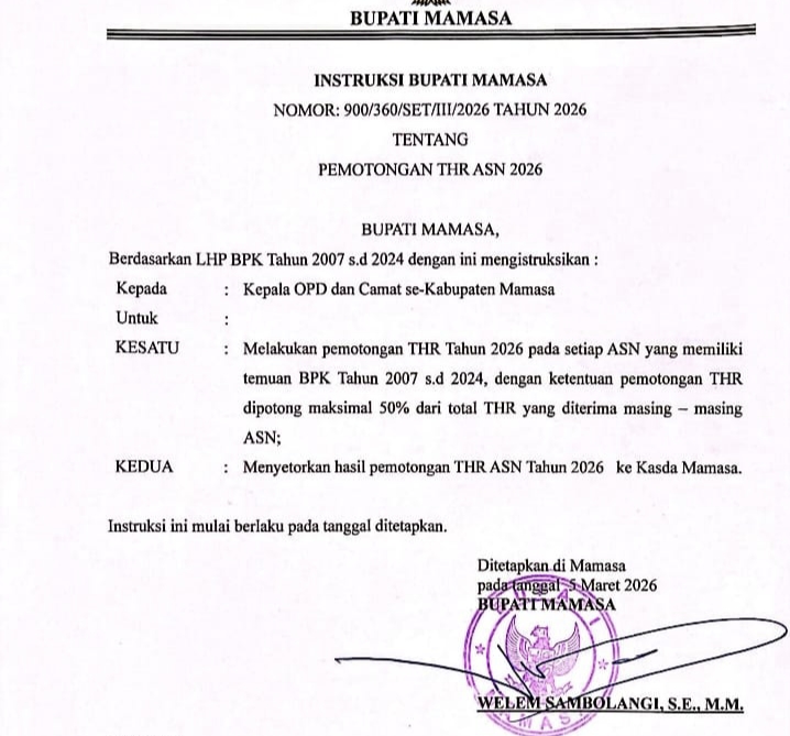 BREAKING NEWS: Bupati Mamasa Instruksikan THR ASN 2026 Dipotong 50 Persen