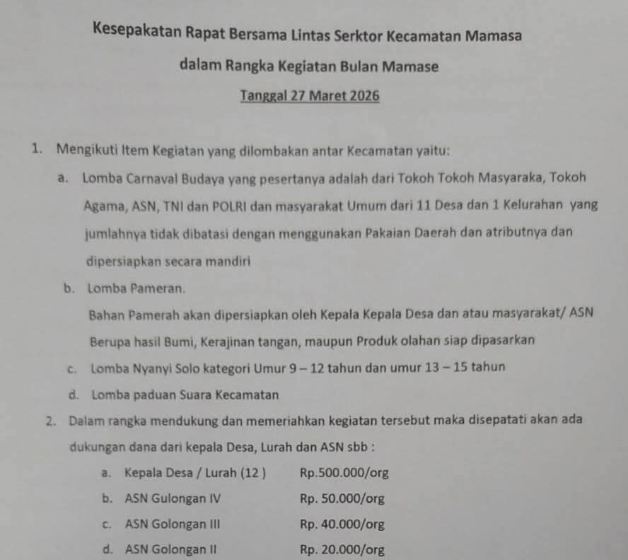 Pembiayaan ‘Bulan Mamase’ Dipertanyakan, Kades dan Gaji ASN Mamasa ‘Disunat’ Lewat Kesepakatan Lintas Sektor